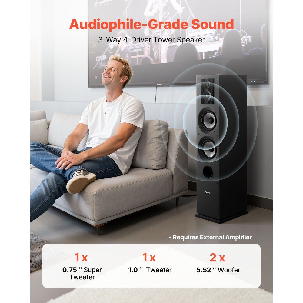 Passive floorstanding speaker, 3-way system with 3/4"/1" tweeter, dual 5.25" woofer, 145W peak power, 70Hz-20kHz frequency response, MDF housing, for home audio, single