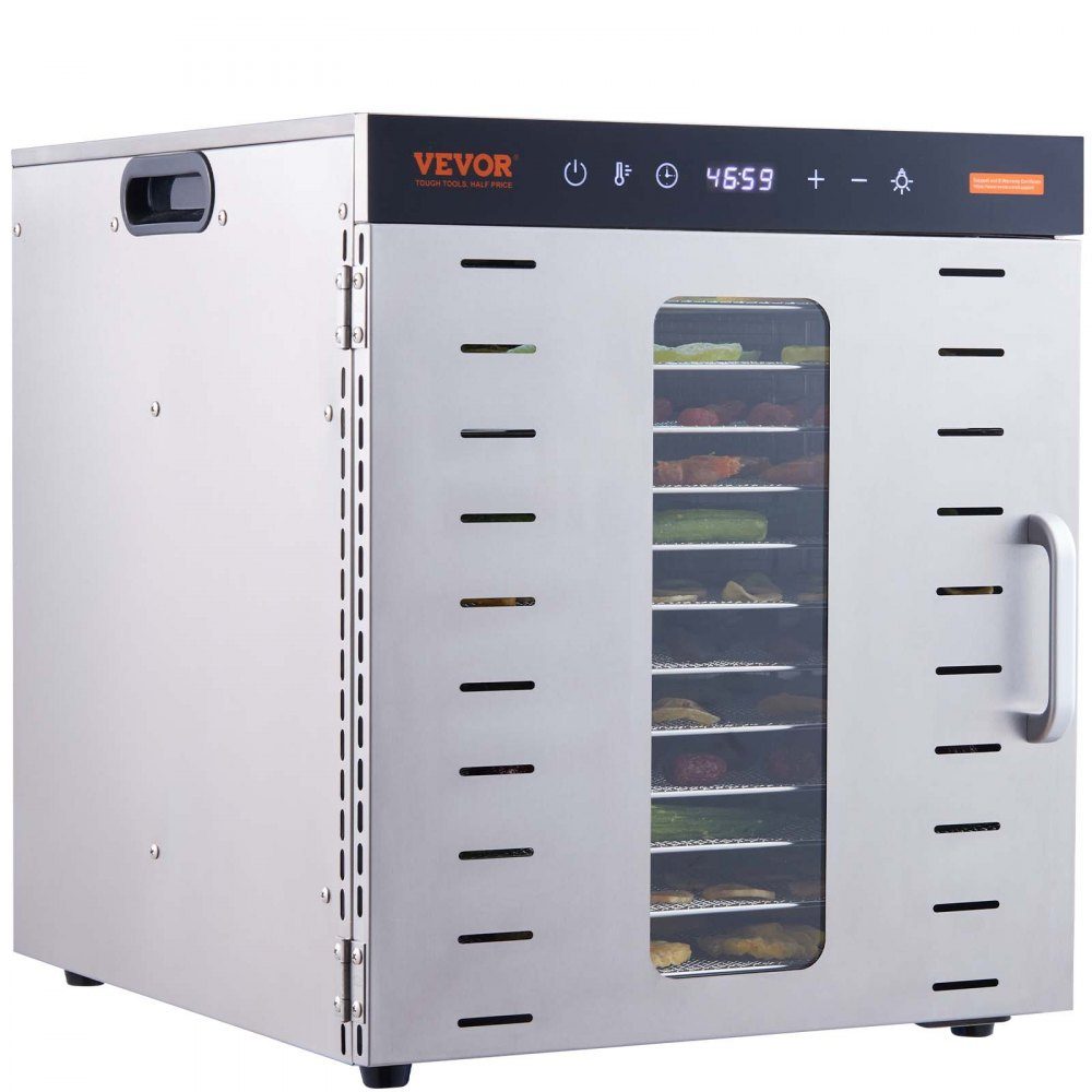 1000 W droogoven RVS, 377 x 285 mm 10 stuks. Bakken 360° droog, dehydrator, temperatuurregeling, timer van 0,5 tot 48 uur, bescherming tegen oververhitting, receptenboek voor vlees, fruit, groenten – Artikelnr. HT-23663