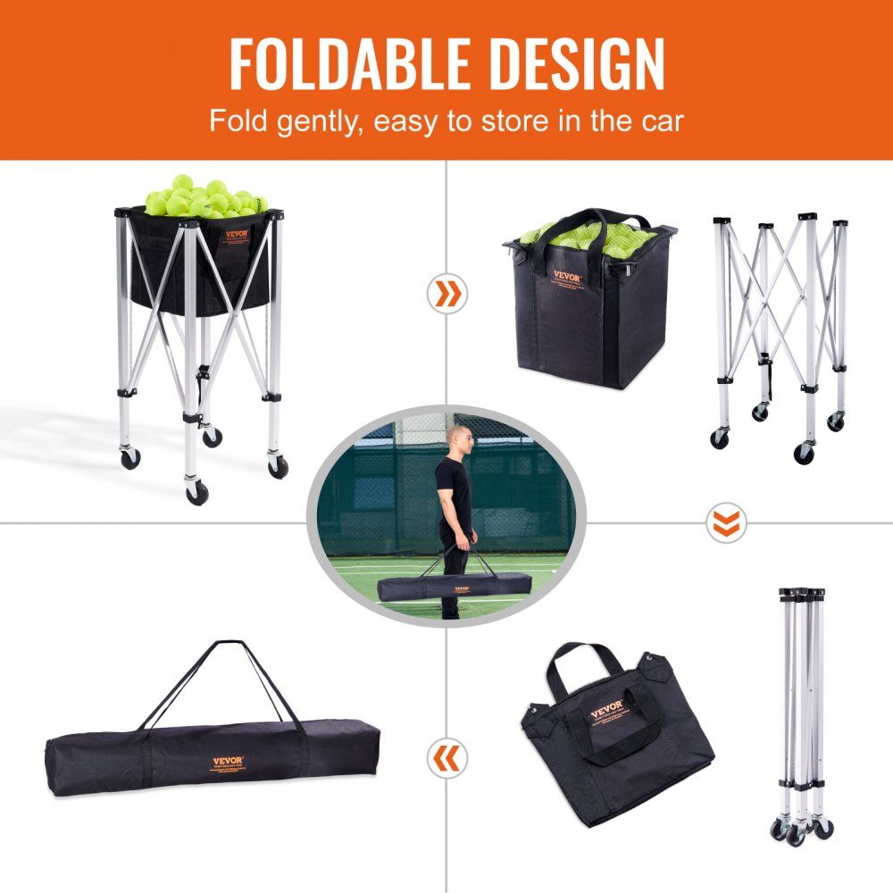 Conteneur de balles de tennis pliable, peut contenir 150 balles de tennis, chariot léger en alliage d'aluminium avec roulettes, sac amovible, sac de transport, chariot d'éducation physique portable pour joueurs de tennis