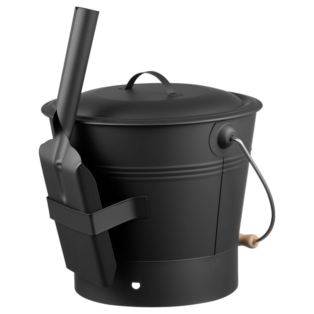 Ash bucket with lid, 4 parts. Set with coal bucket, shovel, broom and gloves, fireplace coal bucket and metal ash container, 9.8 liter capacity for fireplaces, fire pits, wood stoves