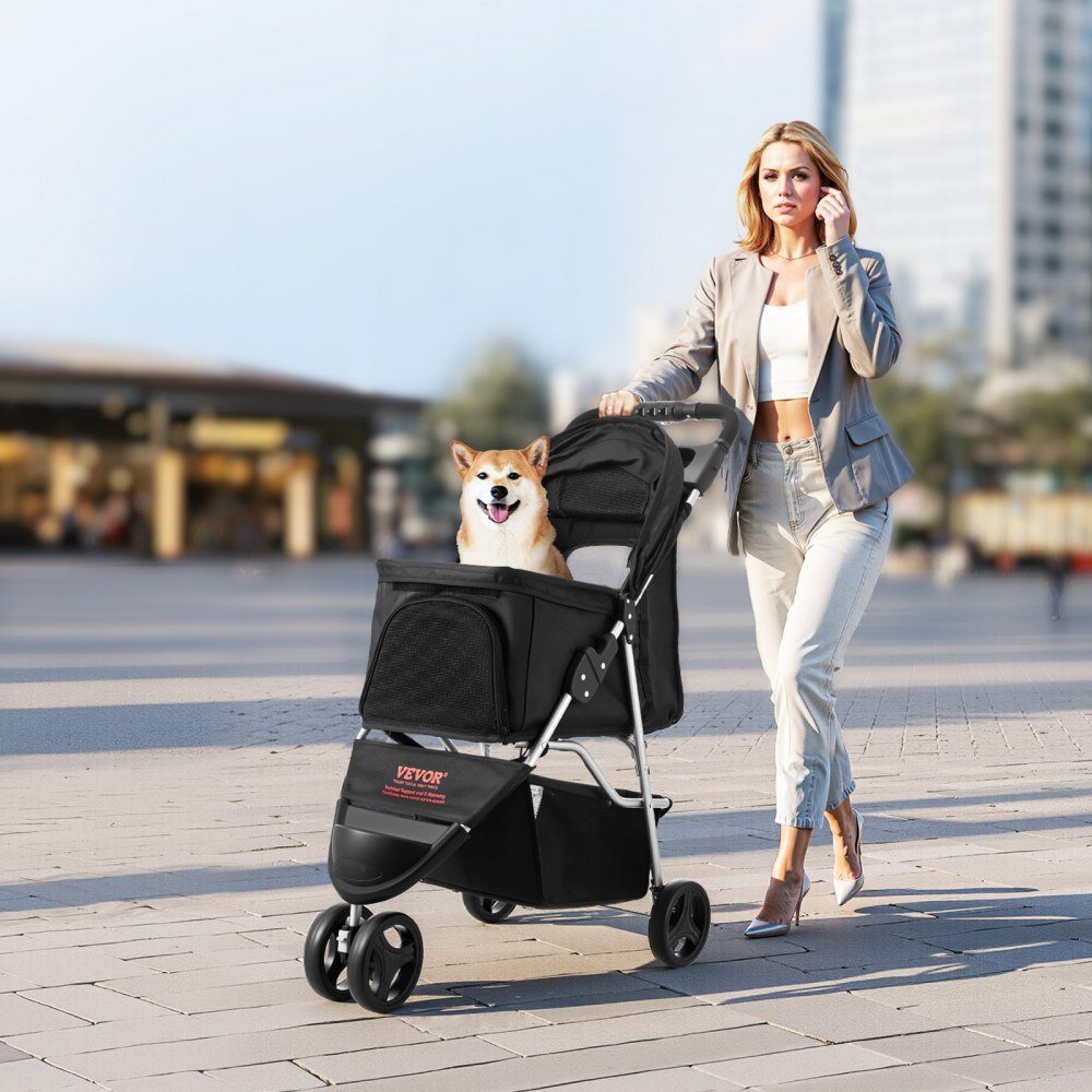 Hundebuggy, Tragfähigkeit 16 kg, faltbarer Haustierbuggy, Katzenbuggy mit 3 Rädern, Netzfenstern und Getränkehaltern, Hundebuggy mit Bremse, für kleine bis mittelgroße Haustiere