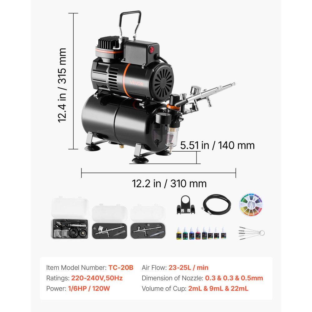 Set aérographe 1/6 HP avec compresseur et réservoir, double action 3 pistolets aérographe avec 3 buses (0,3/0,3/0,5 mm) & tuyau & peinture acrylique & 2 ventilateurs, pour décoration de gâteaux, peinture de modèles, nail art