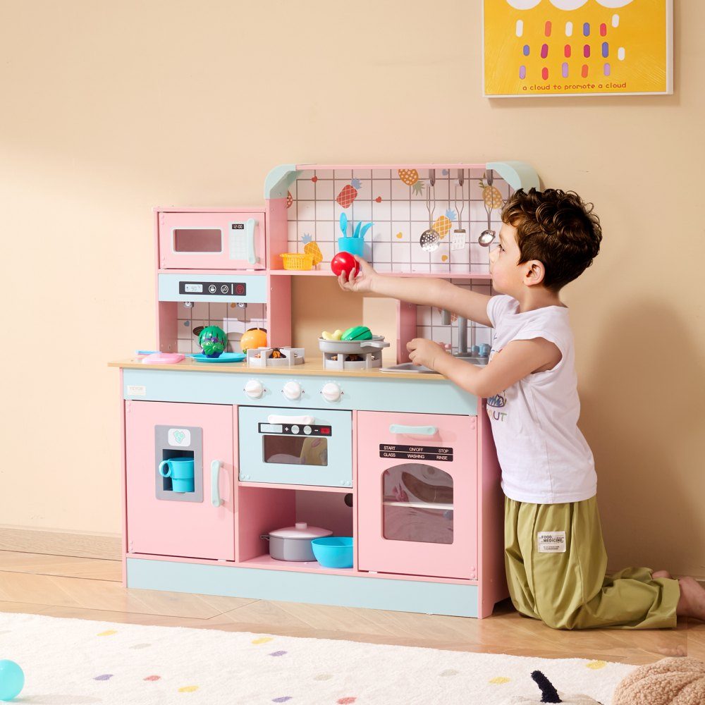 Kuchnia do zabawy dla dzieci, drewniany zestaw kuchenny z zabawkami ze światłami i dźwiękami, kuchnia dla malucha z maszyną do lodów, piekarnikiem, zlewem, kuchenką mikrofalową, lodówką i przyborami kuchennymi oraz akcesoriami owocowymi dla małych dzieci