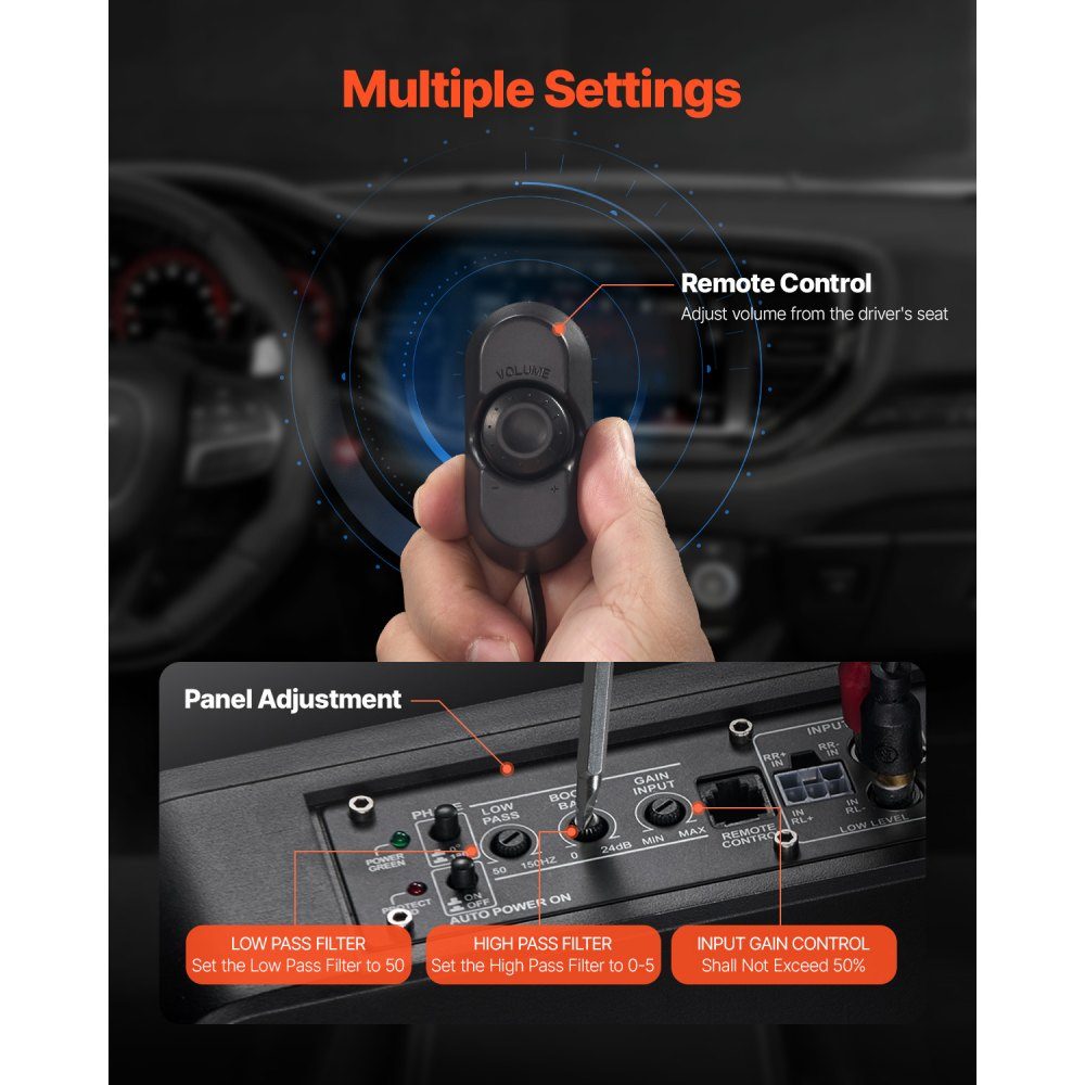Underseat Car Subwoofer, 300W Slim Car Subwoofer Subsystem with Built-in Amplifier, High/Low Level Input and Volume Control for SUV, Truck, RV