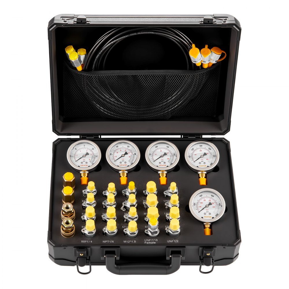 Hydraulic pressure test set 10 / 60 / 160 / 400 / 600 bar, hydraulic measuring device set including 5 measuring devices, 20 couplings, 4 quick couplings, 3 hoses for excavator construction machines
