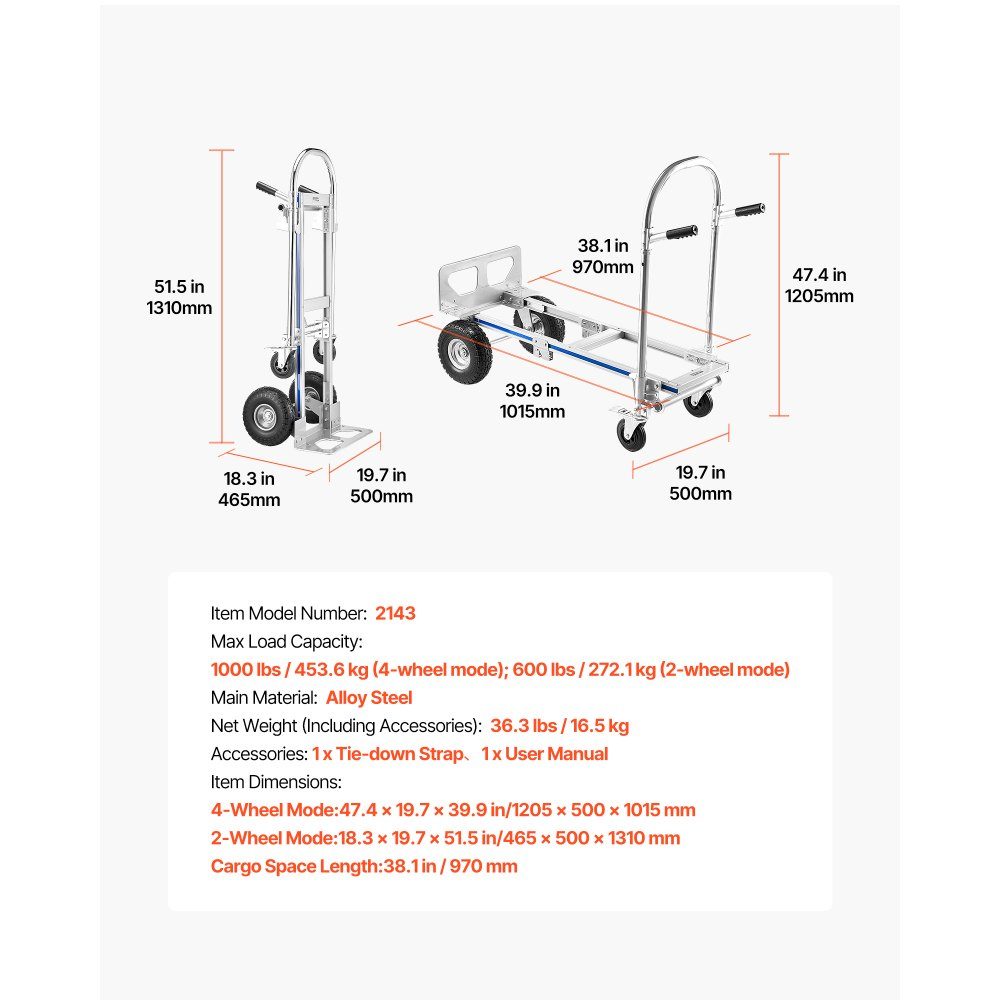 2 in 1 steekwagen 454 kg transportwagen met 4 wielen Converteerbare platformwagen met antisliphandgreep Draagbare steekwagenwagen voor het verplaatsen van kantoor, magazijn, supermarkt