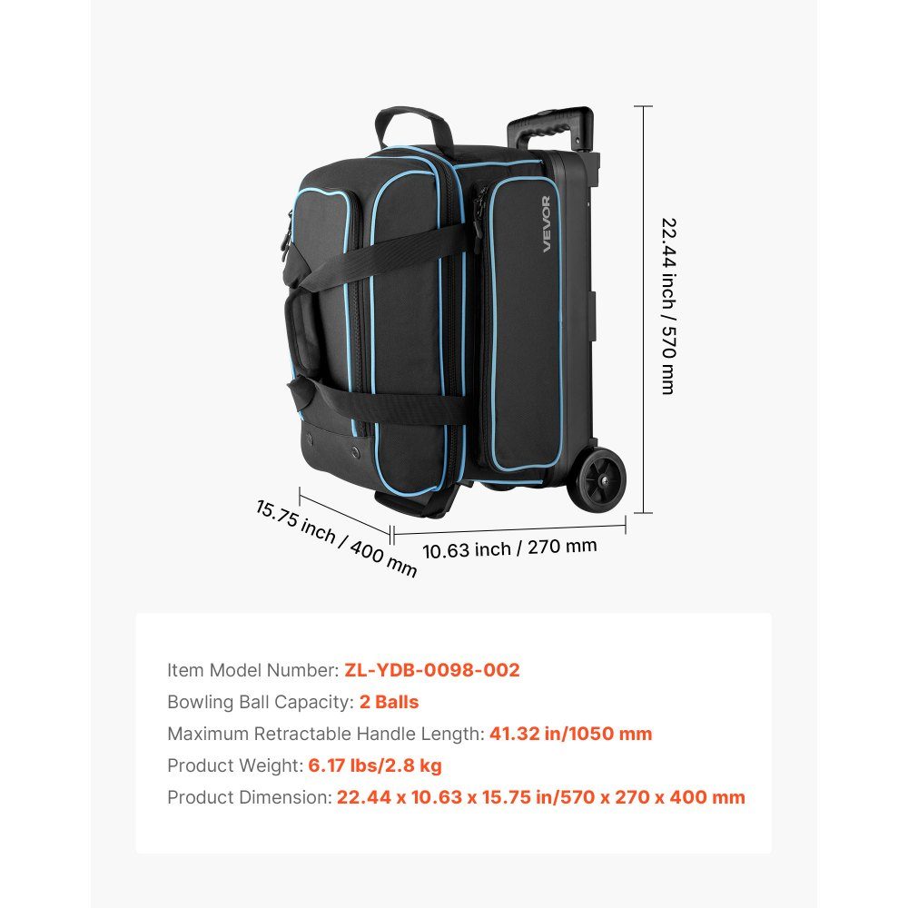 Bowlingballtasche für 3 Bälle mit Doppelrädern und separatem Fach für Schuhe (bis US-Größe 16) und übergroßer Zubehörtasche, ausziehbarer Griff, ausziehbar auf 105 cm, Schwarz + Blau