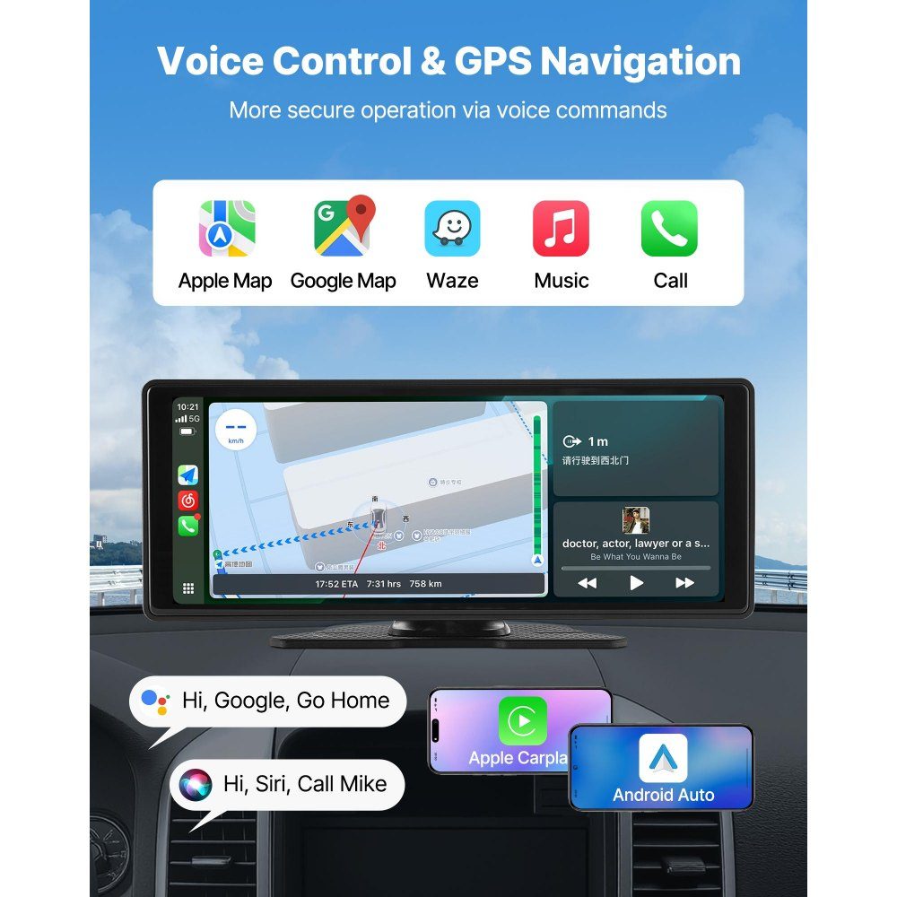 Kabelloses Autoradio (254 mm), HD-Radio mit Touchscreen mit Apple CarPlay und Android Auto, CarPlay-Bildschirm mit Kameras vorne und hinten, Sprachsteuerung, Mirror Link, Bluetooth, GPS-Navigation