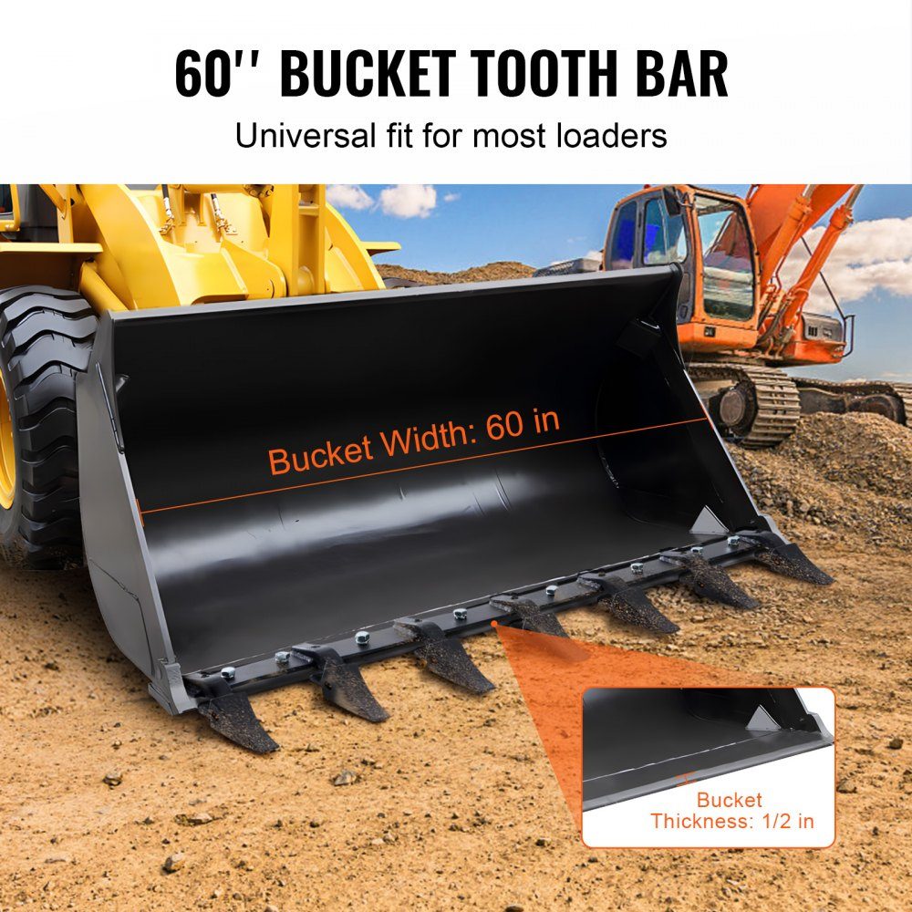 Bucket Rack 60" Heavy Duty Tractor Bucket 7 Tooth Rail for Loader Tractor Skid Steer Loader 5000lb Load Bolt-On Design for Efficient Excavation Work and Bucket Protection