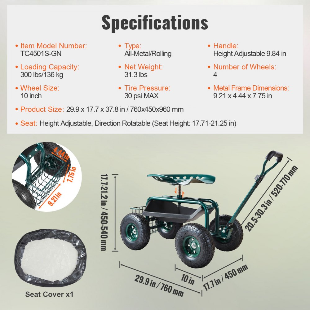 Rollsitz, Werkstattwagen aus Stahl, belastbar bis 136kg, Gartenwagen mit 25cm Griff und 45-54cm höhenverstellbarem Sitz, Rollwagen, 30PSI Reifendruck, Arbeitssitz, Gartensitz, grün Rollsitz, Werkstattwagen aus Stahl, belastbar bis 136kg, Gartenwagen mit 25cm Griff und 45-54cm höhenverstellbarem Sitz, Rollwagen, 30PSI Reifendruck, Arbeitssitz, Gartensitz, grün