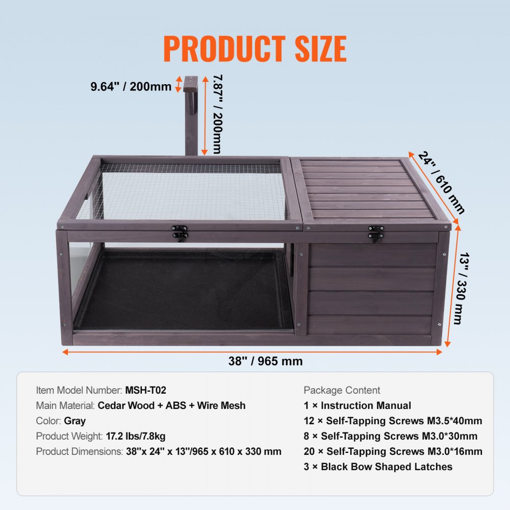 Habitat pour tortues, maison en bois pour tortues pour intérieur et extérieur, enclos pour tortues avec support de lumière suspendu, enclos pour reptiles 2 pièces, cage pour petits animaux pour geckos, lézards, serpents, 96,5 x 61 x 33 cm