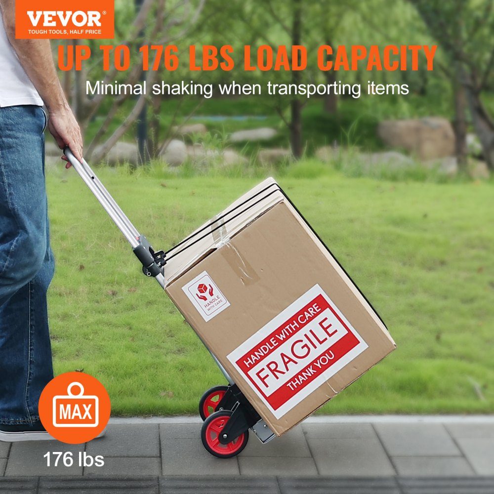 Diable, chariot de transport pliable en plastique en alliage d'aluminium de 80 kg, chariot empilable avec poignée réglable, chariot pliable de 715 à 930 mm, comprend une corde élastique, taille compacte pour le stockage