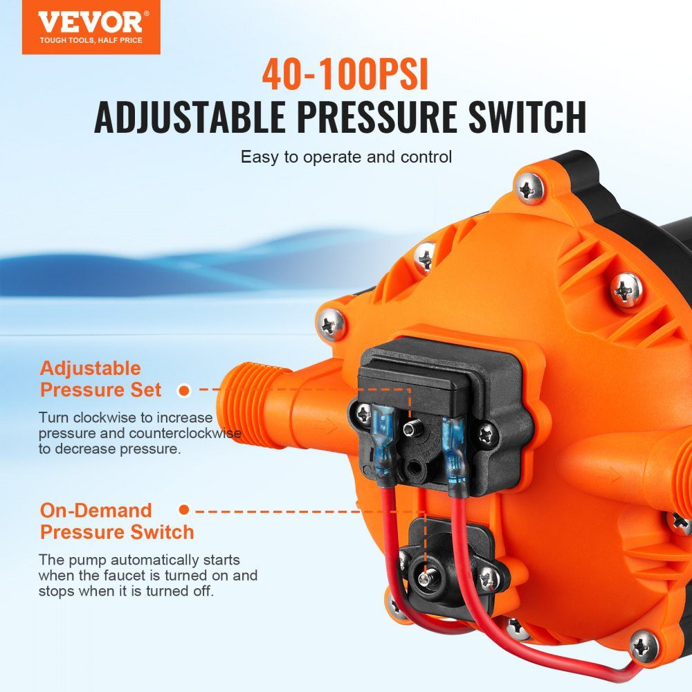 Water Diaphragm Pump, 12V DC, 5.5 GPM Flow, 70 PSI Rated Pressure (40-100 PSI Adjustable), 1/2" MNPT Self-Priming Spray Pump with Pressure Switch for RV, RV, Marine, Boat, Lawn, FCC Certified