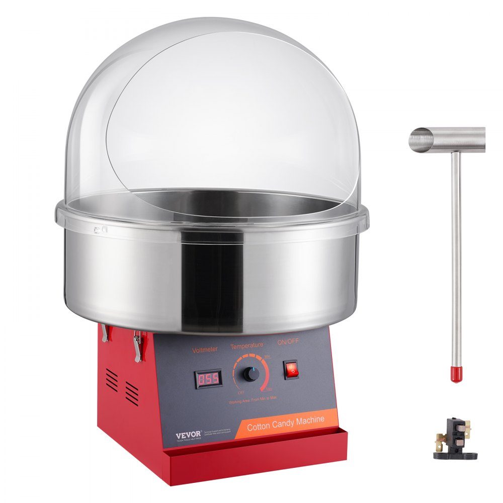 Elektrische suikerspinmachine, 1KW suikerspinmachine, commerciële suikerspinmachine met deksel, roestvrijstalen kom en suikerlepel, voor kinderverjaardagsfeestjes thuis, familiereünies (rood)