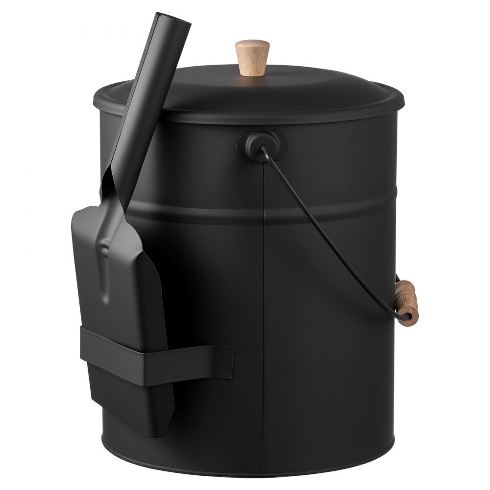 Ash bucket with lid, 4-piece set, including charcoal bucket, shovel, broom & gloves, fireplace charcoal bucket & ash can made of metal, 15 L capacity for fireplaces, fireplaces, wood stoves