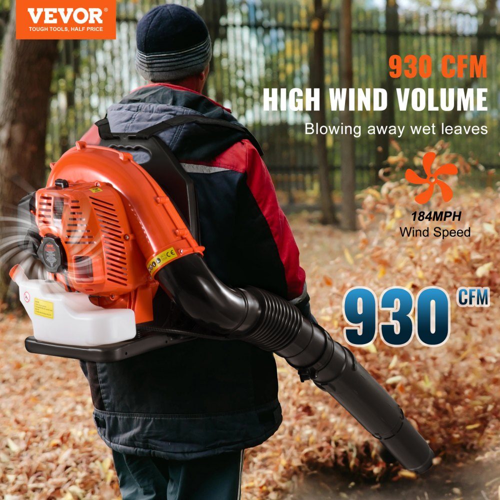 Backpack Leaf Blower, 79CC 2-Stroke Gasoline Leaf Blower with 3L Fuel Tank, 930 CFM Air Volume, 184 MPH Speed, Ideal for Lawn Care, Leaf Cleaning and Snow Removal
