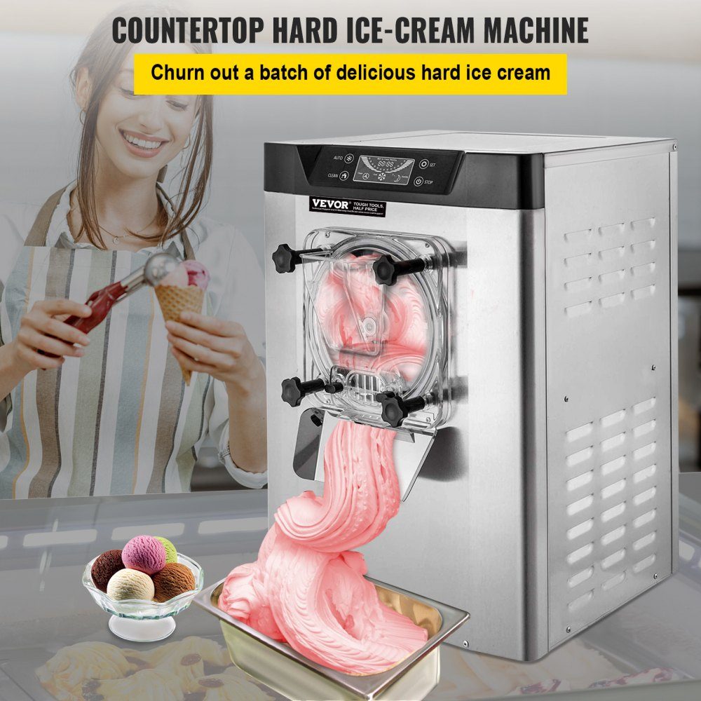 Commercial Ice Cream Machine Ice Cream Machine 16-20 L/H Ice Cream, 1400W Hard Ice Cream Machine with Smart LCD Display and Various Flavors, for Snack Bar, Restaurant Silver