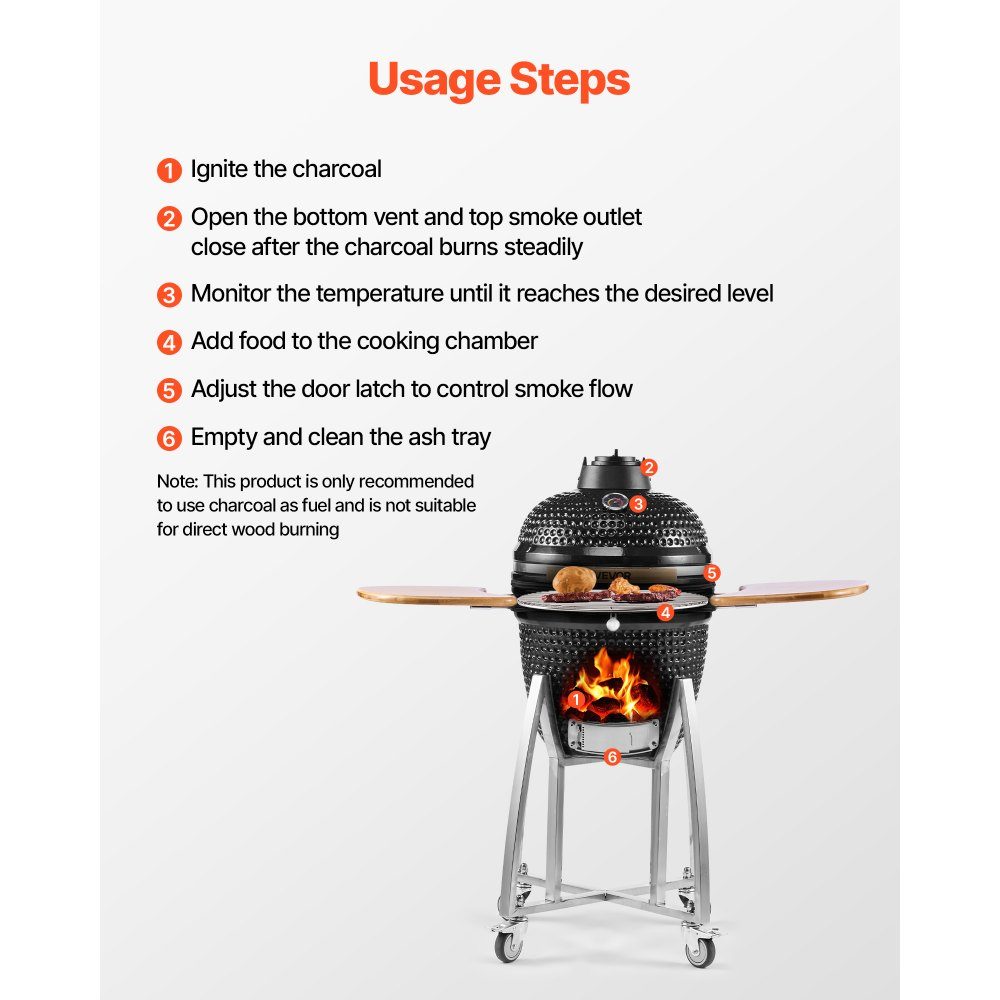 Kamado-Grill, Keramikgrill, Smoker Ø 450 mm, mit Holzgriffen, Seitenablagen, Metallständer mit Rädern & Thermometer bis 400°C, oberer & unterer Luftstrom, zum BBQ, Grillen, Kochen & Backen im Freien