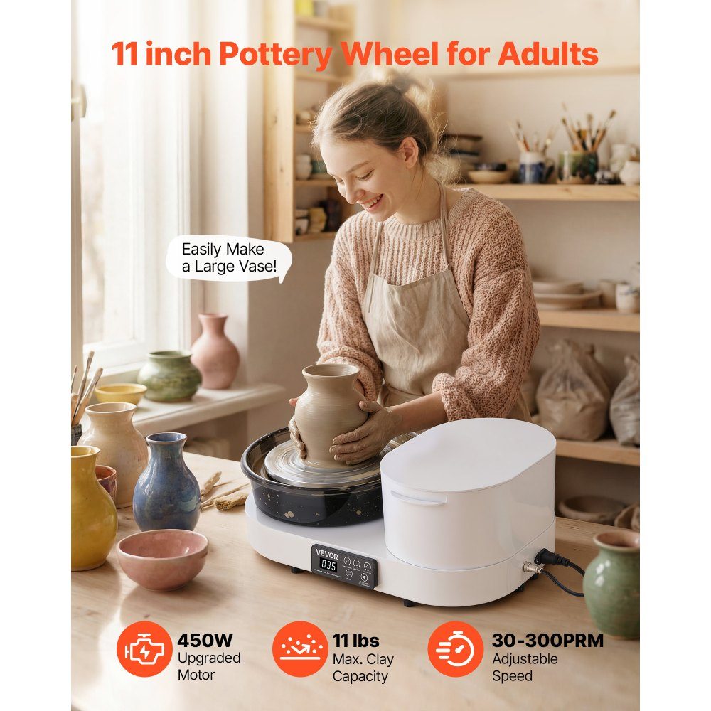 Pottery Wheel Electric 450W Pottery Lathe 28cm Turntable Pottery Machine with Foot Pedal and 30-300RPM Adjustable Speed ​​and Tool Box Ideal for Beginners DIY Clay Art White