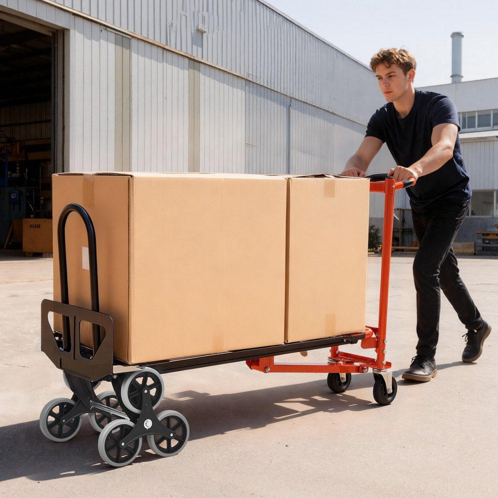 3-in-1 stair truck, sack truck max. load capacity 350 kg, folding transport trolley with handle & wheels, stair climber transport trolley, stacking trolley, stair climber trolley, orange & silver