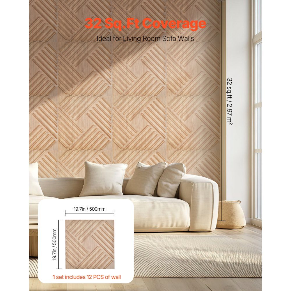 3D Wall Panels Set of 12 150x50cm Modern Minimalist Style PVC Wall Panels 2.97m² Area Interior for Bedroom Living Room Playroom Light Wood Color