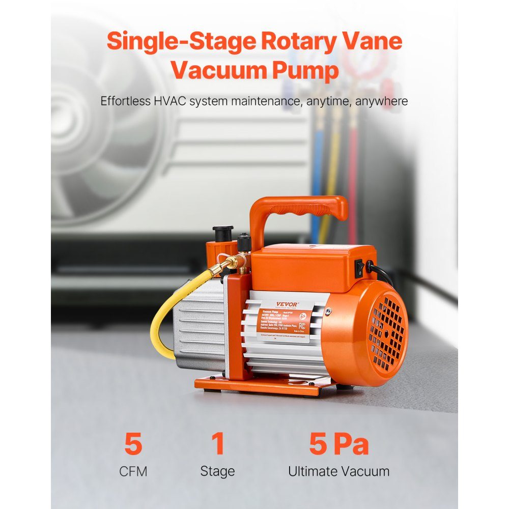 Vacuum Pump, 5 CFM HVAC Single Stage Rotary Vane Vacuum Pump for R134a, R22, R410a Systems, Auto AC Vacuum Pump Kit with Oil Bottle for Auto Air Conditioning Maintenance and Resin Degassing