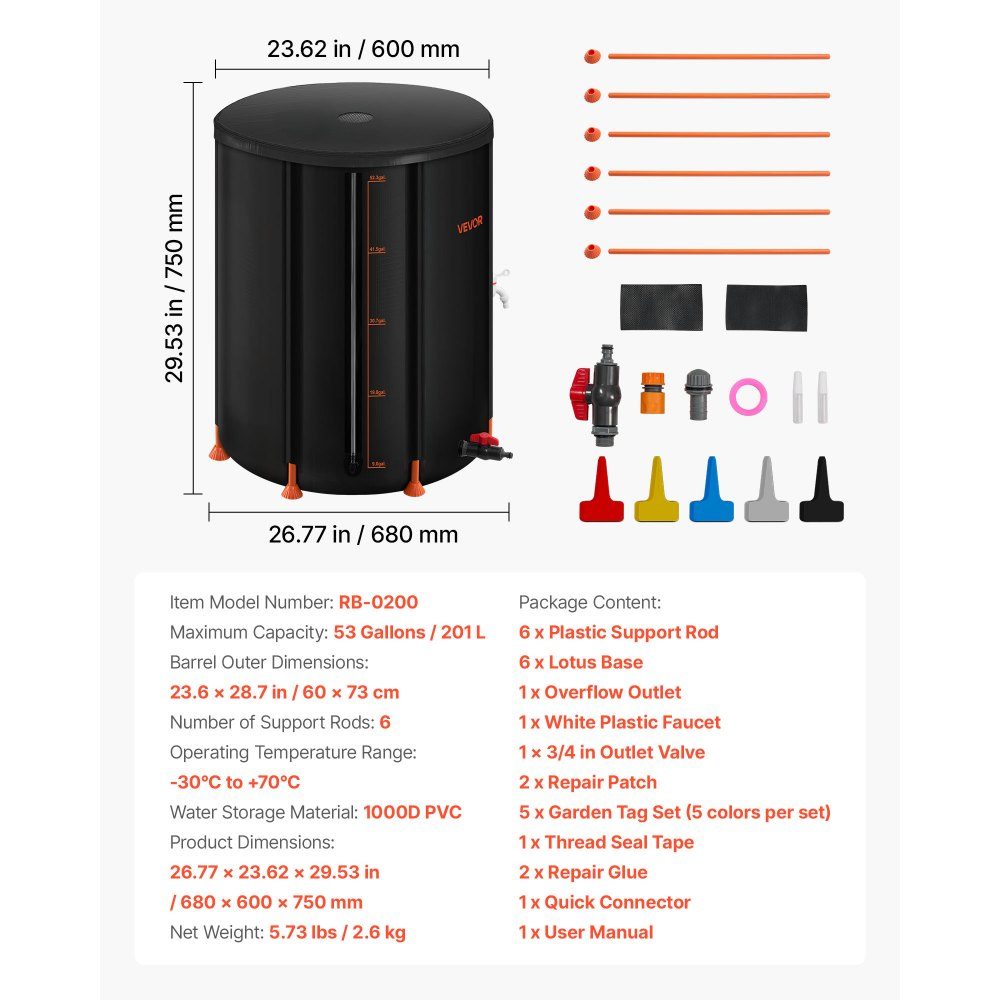 Foldable Rain Barrel 201L Portable Rain Barrel Rainwater Tank 1000D PVC Rainwater Collection System Water Tank Rainwater Barrel with Faucet and Overflow Kit Black