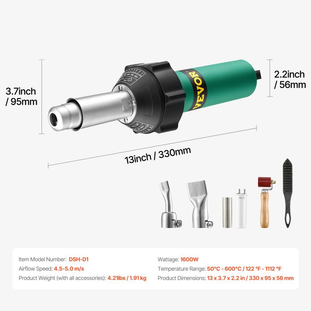 Hot Air Plastic Welder, 1600W Hot Air Gun, 50-600°C PVC TPO Vinyl Welding Torch, 5pcs Hot Air Welder Set and 2 Flat Nozzles, 1 Seam Roller, Brush for PP/PE/PVC Sheets