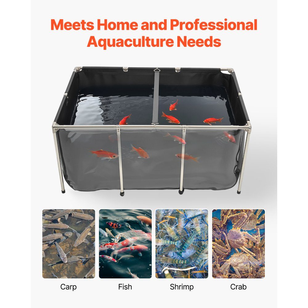 Canvas Fish Pond 1023.3L Breeding Water Tank PVC Koi Tank with Transparent Viewing Window Aquarium with Stainless Steel Frame and Drain Valve for Koi Goldfish Breeding (Black)