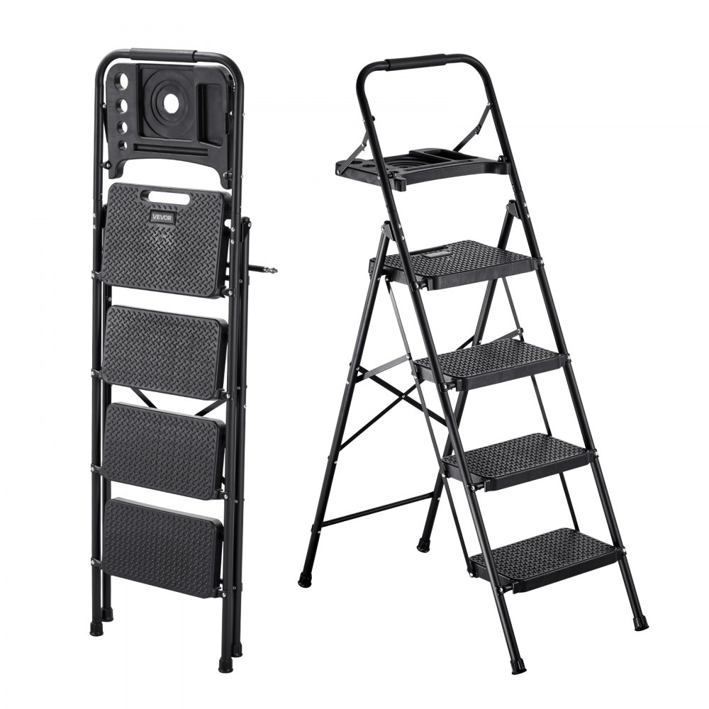 Step Ladder 4 Steps, Folding Ladder with Tool Tray & Comfort Handle, Household Ladder Load Capacity up to 272 kg, Step Ladder, Folding Step, Safety Ladder for Kitchen, Home & Office, Black Step Ladder 4 Steps, Folding Ladder with Tool Tray & Comfort Handle, Household Ladder Load Capacity up to 272 kg, Step Ladder, Folding Step, Safety Ladder for Kitchen, Home & Office, Black