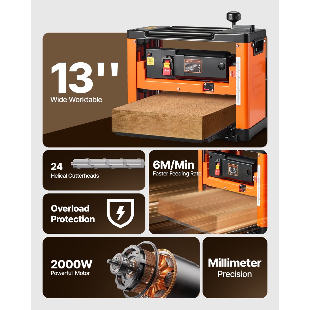 Raboteuse d'épaisseur, raboteuse à bois de table de travail de 330 mm de large, tête de coupe en spirale avec 24 inserts, moteur 2000 W 23 500 tr/min, vitesse unique, pour bois dur et tendre Raboteuse d'épaisseur, raboteuse à bois de table de travail de 330 mm de large, tête de coupe en spirale avec 24 inserts, moteur 2000 W 23 500 tr/min, vitesse unique, pour bois dur et tendre