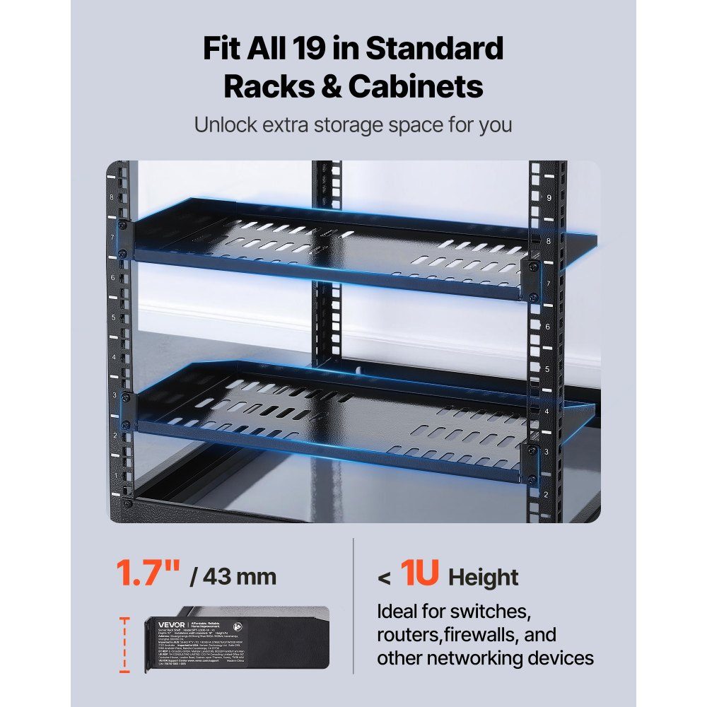1 HE Server-Rack-Regal, 4 Stück, 22,7 kg, belüfteter Ausleger, Wandmontage oder Rack-Montageregal mit Regal, 25,4 cm Tiefe, gute Luftzirkulation für 48,3 cm Schrank, Computer, Netzwerkausrüstung