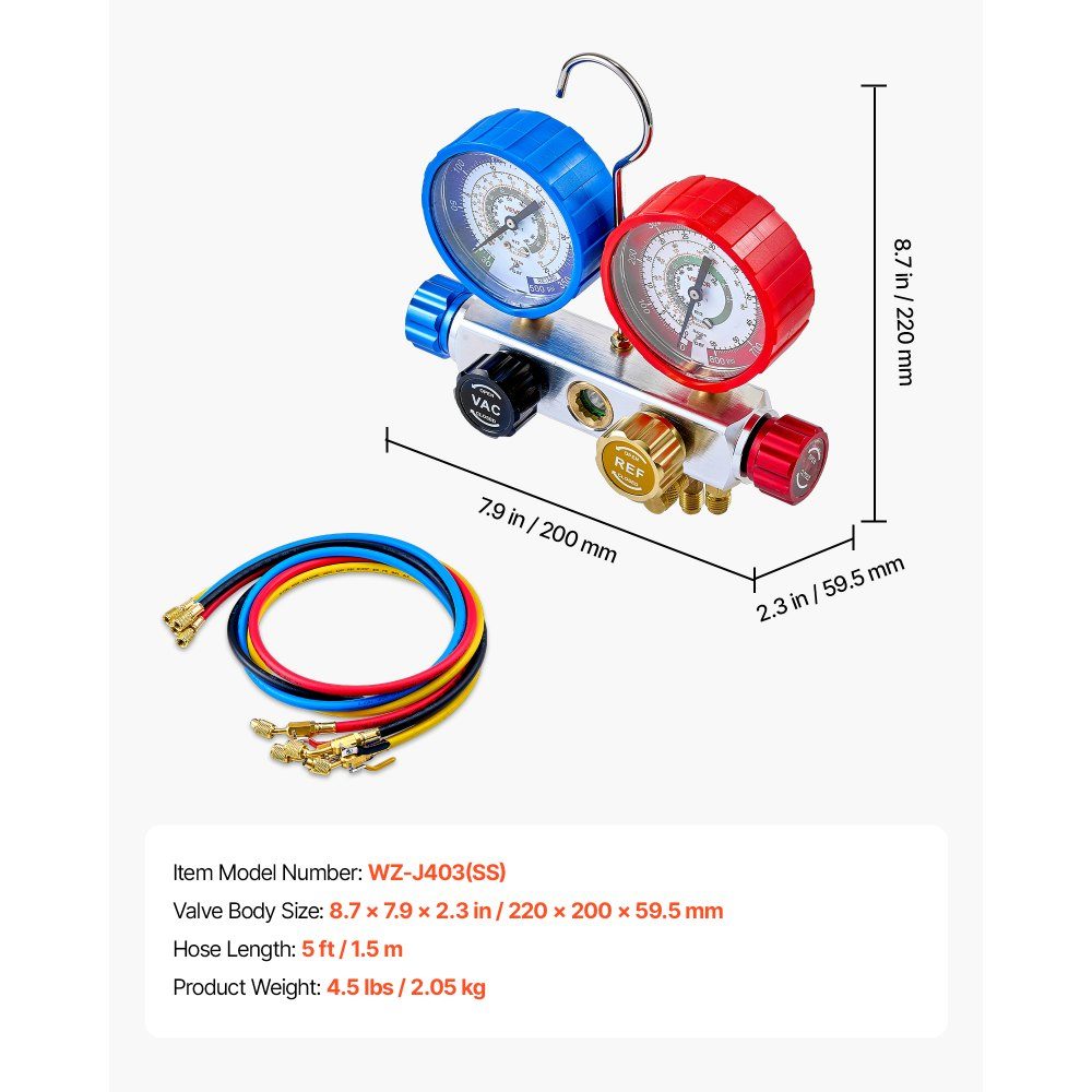 Air Conditioning Pressure Gauge Set for Refrigerant R22 R404A R410A R12, 4 Way Pressure Gauge with 1.5m Hoses, for Maintenance, Evacuation, Filling, Restoration of Air Conditioning Systems in Vehicles, Households
