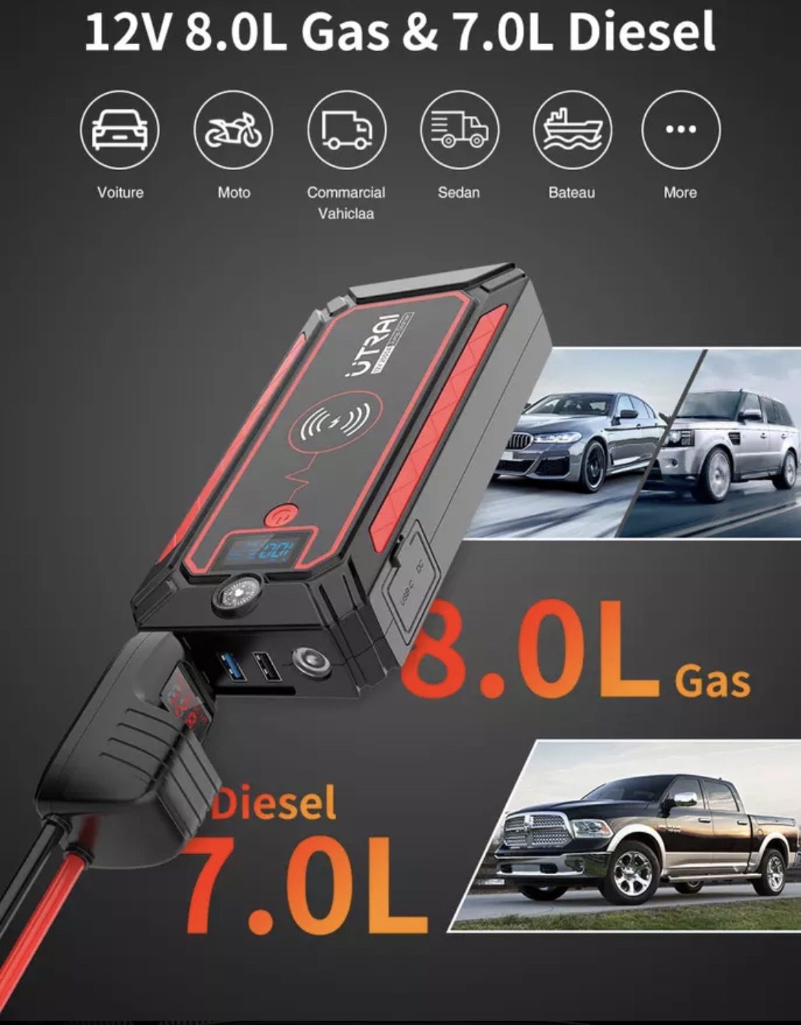UTRAI Car Jump Starter 12V 2500A 24000mAh Car Battery Power Bank Up to 8L Petrol 7L Diesel Starter with QC3.0 Dual USB LED Flashlight Emergency Hammer