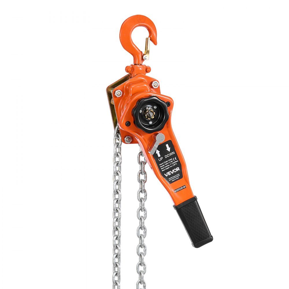Hefboomtakel, handkettingtakel met capaciteit van 1 ton, slag van 3 m, ketting van G80 gelegeerd staal met mechanische rem met dubbele pal, rateltakel, 360 ° draaibare haken, takel voor magazijnbouw, garage