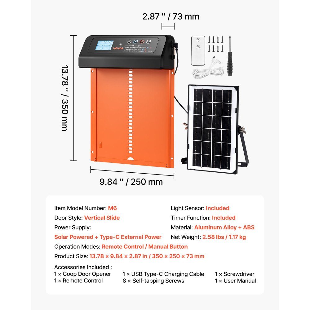 Chicken Flap, Solar and Battery Powered Chicken Door with LCD Display, Remote Control, Light Sensor and Timer, Anti-Pinch, Aluminum Alloy Chicken Coop Door, 350 x 250 x 73mm, Orange
