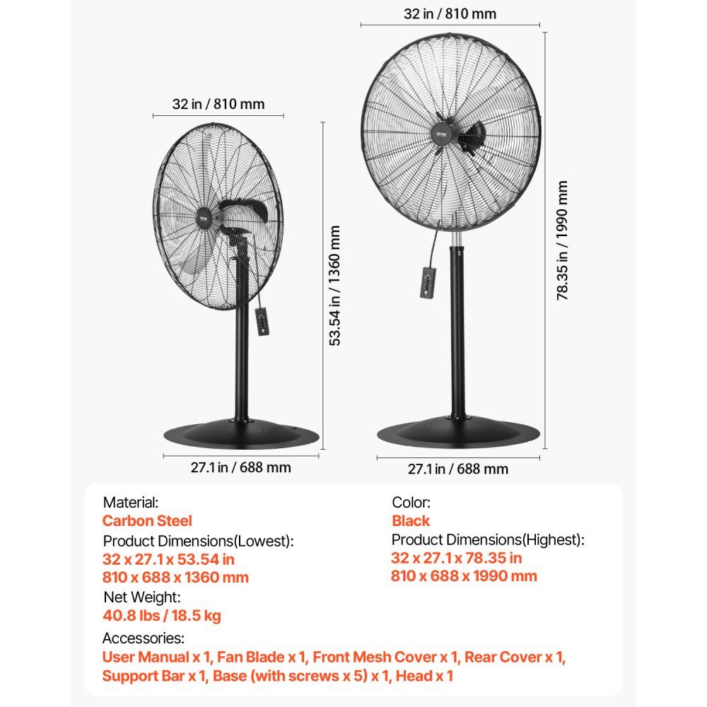 Industrial Pedestal Fan 810mm 85 Degree Oscillation Fan Height Adjustable Fans with 3 Adjustable Speeds Wind Machine for Workshop Warehouse Black