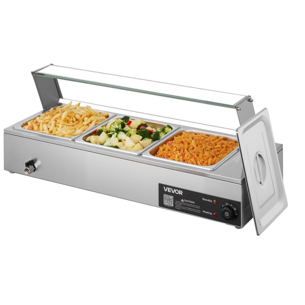 Chauffe-plats professionnel avec couvercle en verre et 3 récipients (taille 1/2) 1,5 kW Réchauffeur de buffet en acier inoxydable, récipient de buffet, bain-marie, station de réchauffement des aliments pour restaurants, fêtes, buffets