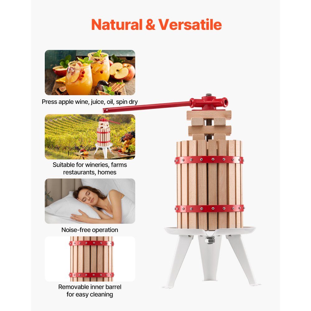Presse-agrumes à fruits, broyeur de fruits (6L), avec panier en bois massif avec 8 blocs, presse-agrumes manuel robuste, presse-cidre, presse-pommes, presse-raisin, presse-huile d'olive avec poignée, presse-agrumes pour la cuisine