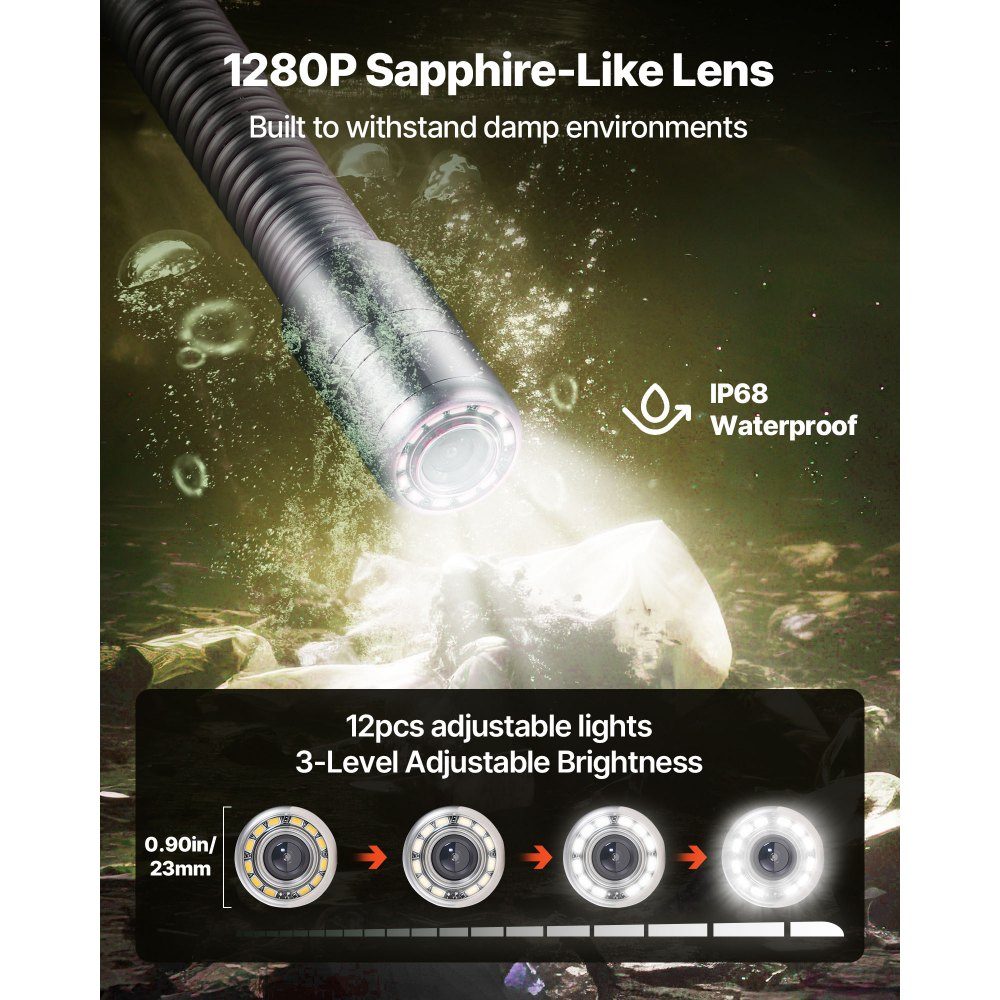 Rioolcamera, 30 m zelfnivellerende pijpcamera met 4,3" HD-display, waterdichte (IP68) inspectiecamera met verlichting (12 LED's en 16 GB geheugenkaart) voor rioolbuizen en pijpen