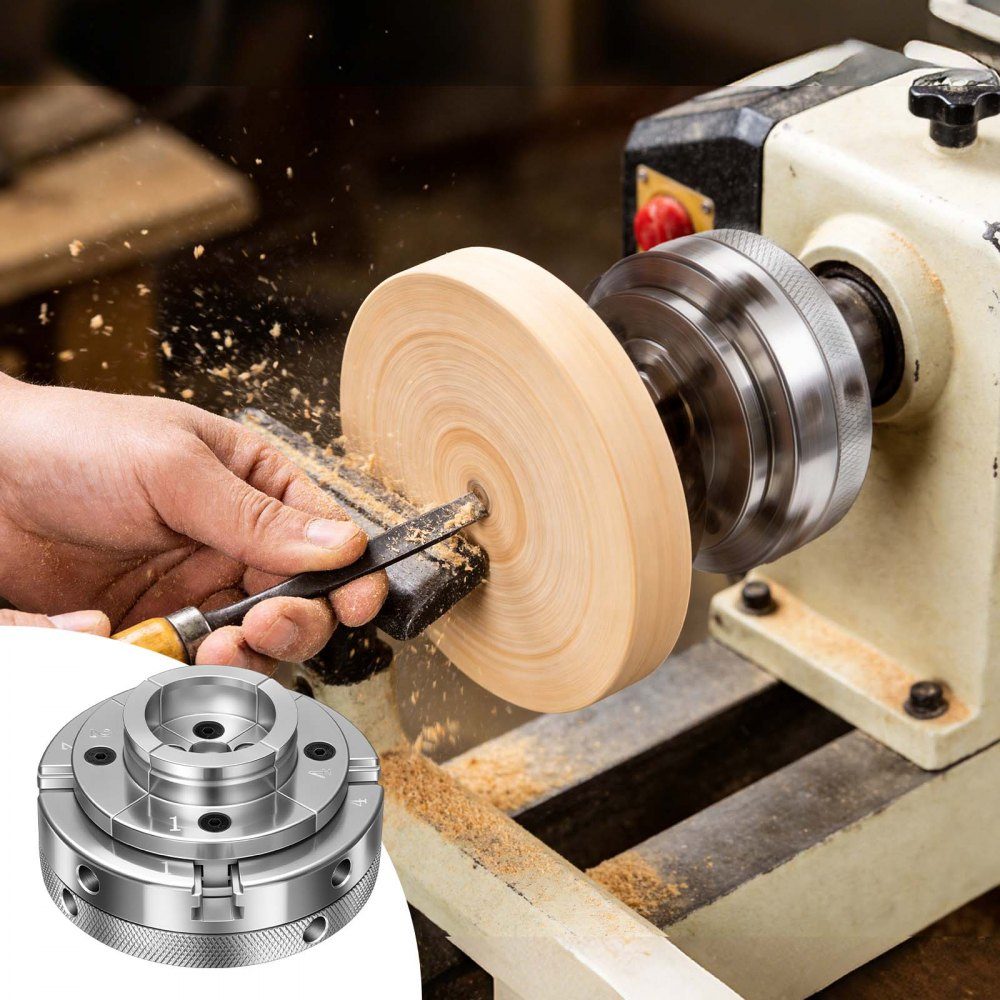 4" klauwplaat, centreerklauwplaat met 4 klauwen met 1" x 8 TPI draad en adapter, vernikkelde bekken van hoogwaardig staal, spreiders en klemmen voor houtbewerking