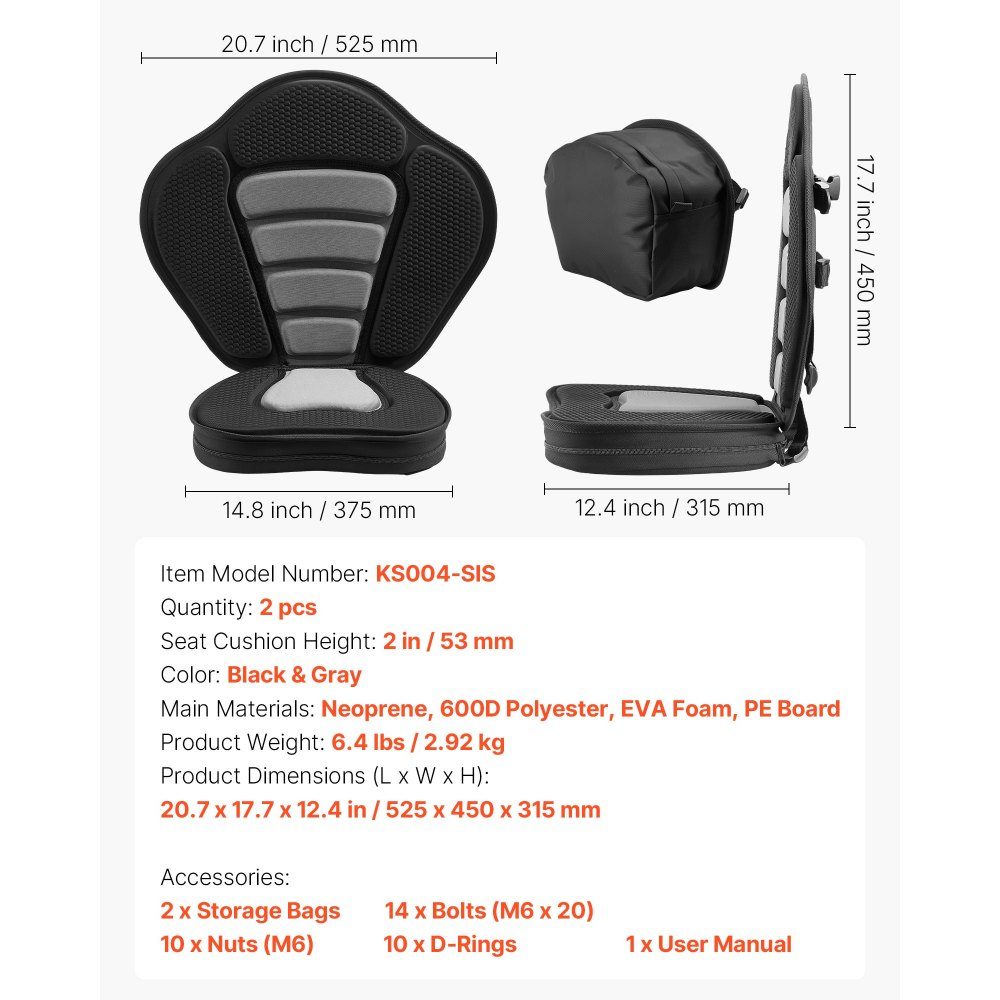 2 x Kayak Seat 53mm Thick Padded Stand Up Paddle Board Seat Boat Seat with Backrest and Storage Bag and Adjustable Strap for Inflatable Kayak SUP Canoe Fishing Boat