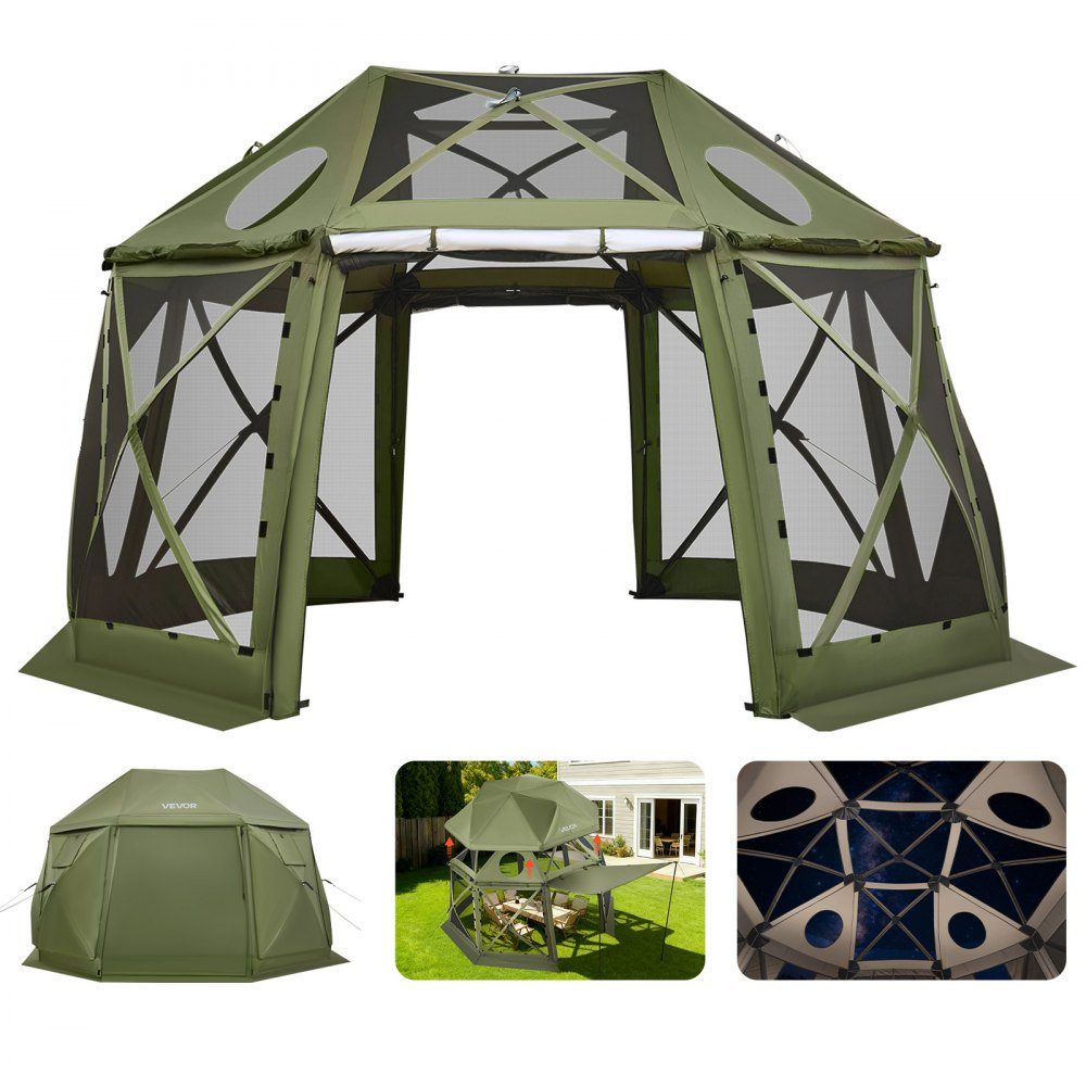 Pop Up Altana 12" x 12" Namiot kempingowy z 13 stronnymi kulami, zdejmowanym dachem i torbą do przenoszenia Wentylacja 360° Parasolka Namiot imprezowy dla 10-12 osób Zielony