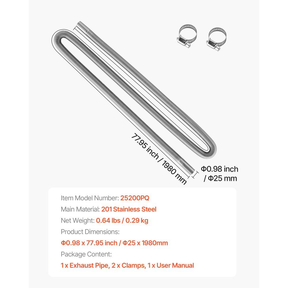 Exhaust pipe auxiliary heater Flexible exhaust hose 198 cm for car diesel heater with 2 clamps, stainless steel exhaust pipe with Φ 25 mm cross section for 2 kW / 5 kW / 8 kW diesel heaters air heaters