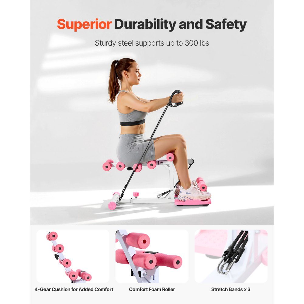 Deep Squat Machine, Adjustable Glute Trainer with 3 High Strength Resistance Bands, Folding Core and Glute Trainer, Push Up Exerciser for Home Gym, Pink + White