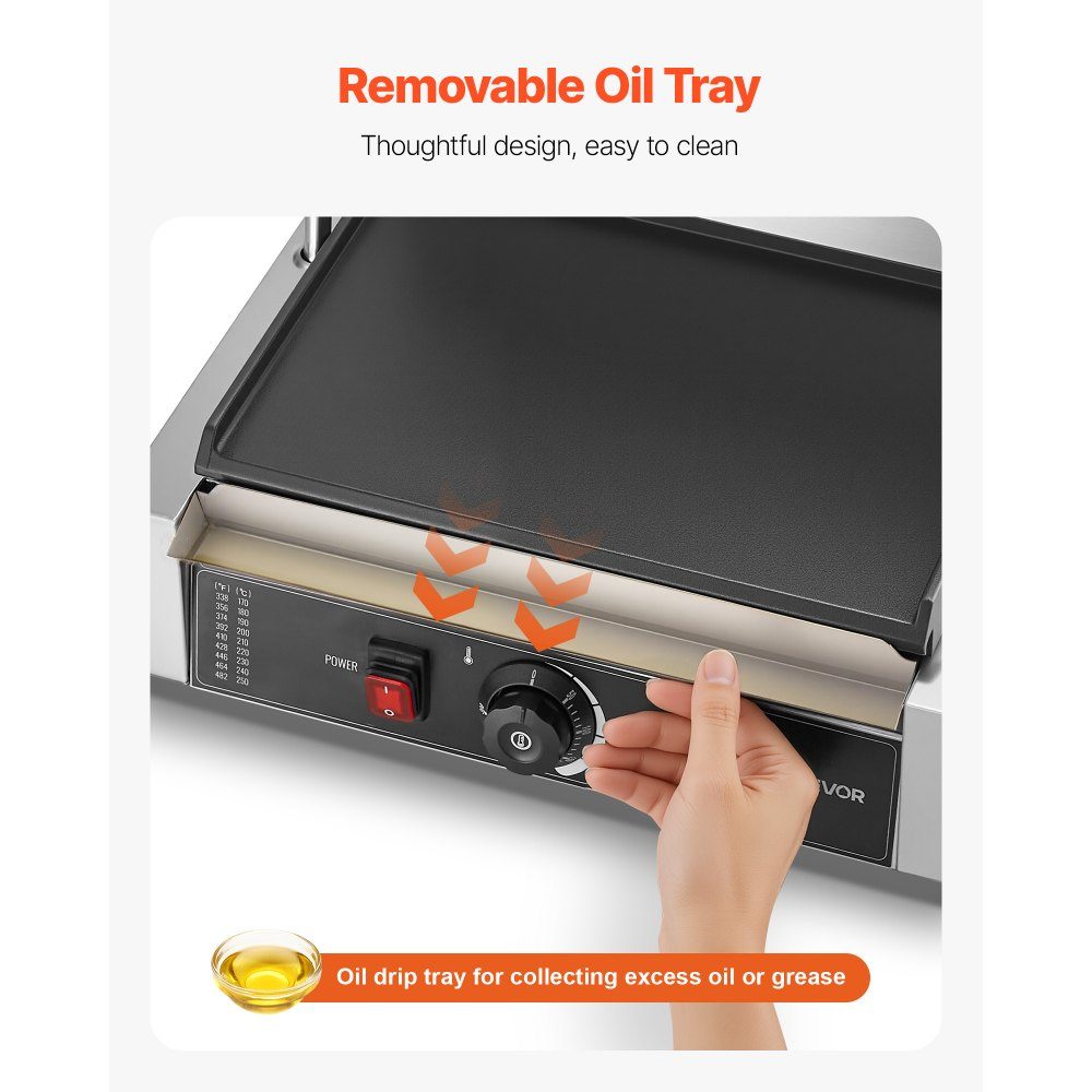 Commercial Panini Grill, Contact Grill 2200 W, for Sandwiches, Steak, Bacon, Hamburgers, Sandwich Maker, Stainless Steel Press Grill with Handle & Temperature Controller & 34 x 23 cm Heating Plate, Panini Press
