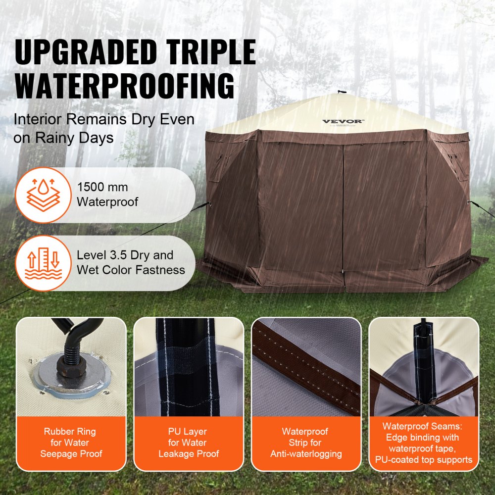 Pop-up tuinhuisje, pop-up tent met 6 zijluifels, zonnescherm met 6 verwijderbare privacywinddoeken en gaasramen, 12,5 x 12,5 voet, snel op te zetten tent met klamboe, bruin