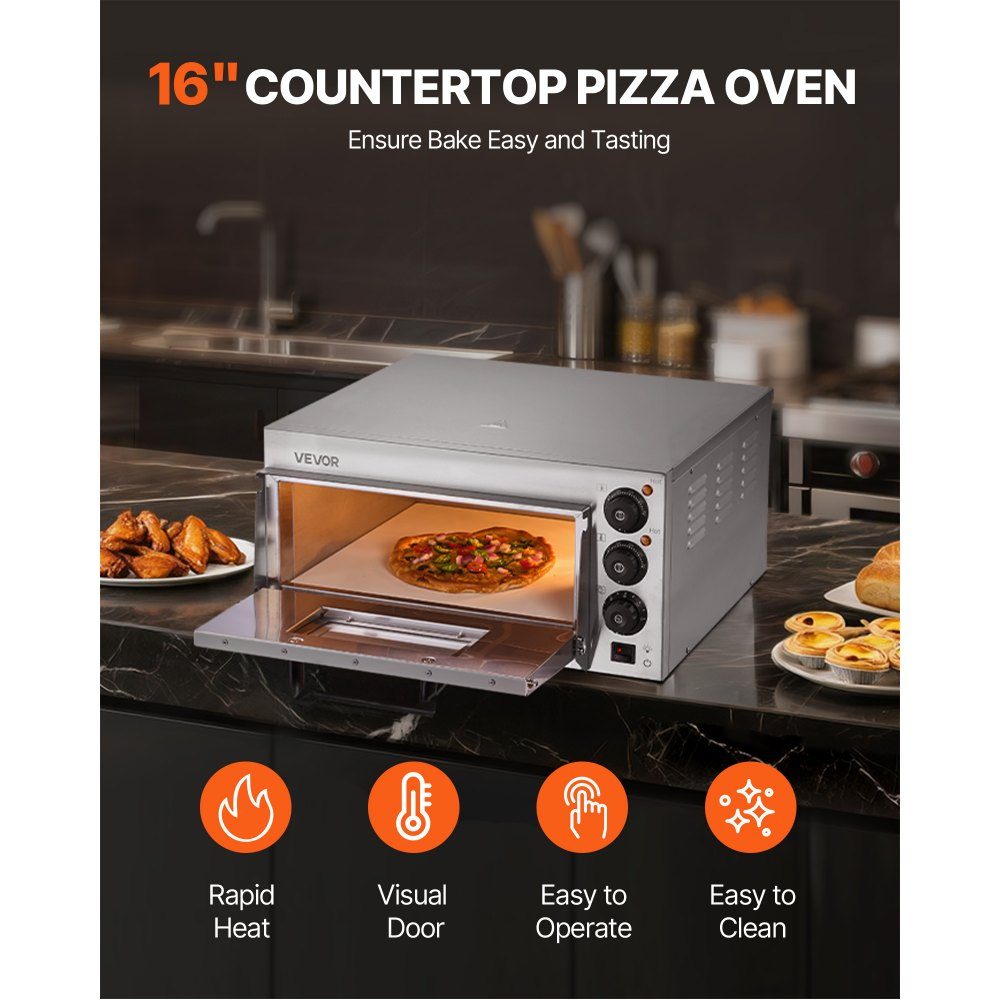 Commercial Countertop Pizza Oven, 16 Inch Cover Layer, Stainless Steel Electric Pizza Oven with Stone and Handle, Multipurpose Indoor Pizza Machine for Baking Pretzels in Restaurant at Home