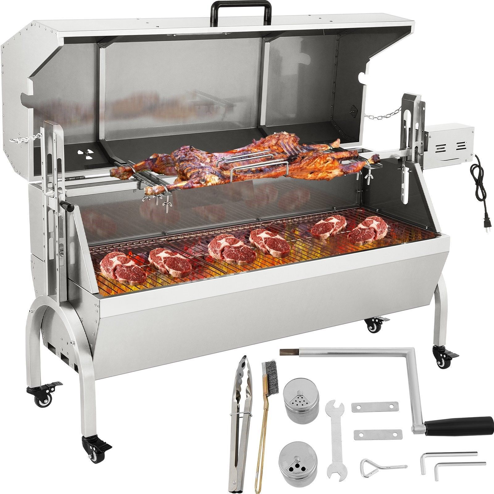 Premium Gewerbe Spanferkel Lammbräter elektrischer Drehspieß Grill BBQ Set Edelstahl-Holzkohlegrill Grillwagen Outdoor Camping Garten 127 cm Premium Gewerbe Spanferkel Lammbräter elektrischer Drehspieß Grill BBQ Set Edelstahl-Holzkohlegrill Grillwagen Outdoor Camping Garten 127 cm