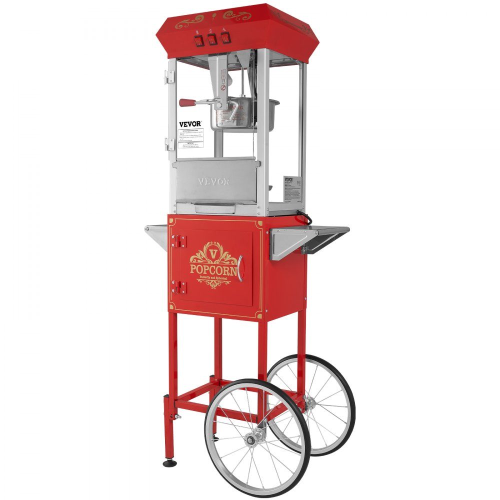 Maszyna do popcornu, Maszyna do popcornu, Maszyna do popcornu z wózkiem, Maszyna do popcornu 850 W, Czajnik 8 uncji na 48 filiżanek na załadunek, Maszyna do popcornu z hartowanym szkłem, Zawiera 4 kulki, Styl kinowy, Czerwony